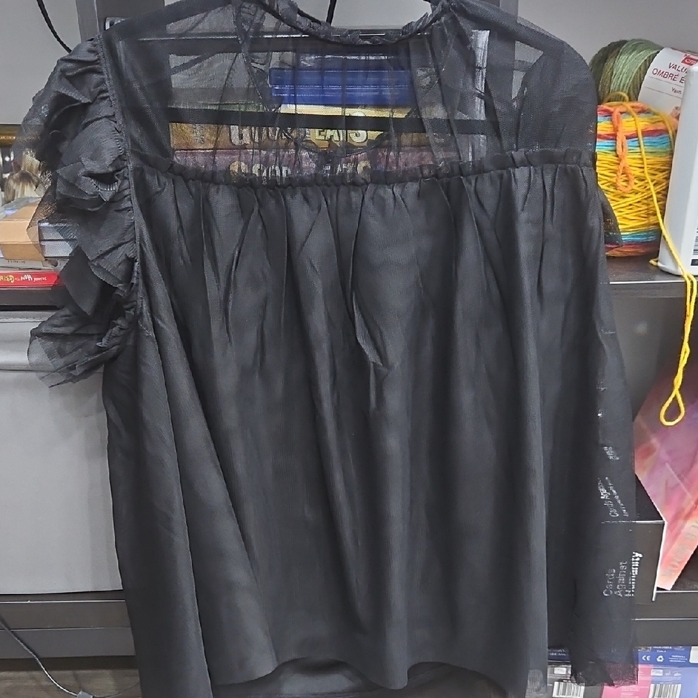 Elegant Black Sheer Ruffled Sleeveless Blouse